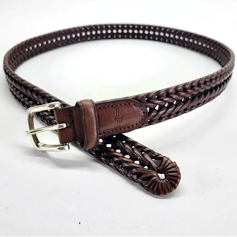 Dockers Brown Leather & PU Leather Woven Belt  38” L Adjustable Sz Silver Buckle